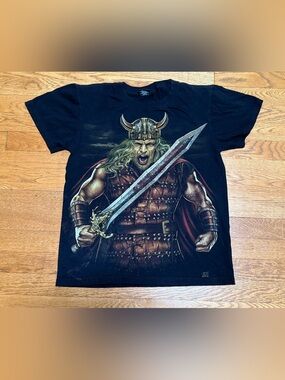 “Rock Yeah” Unisex (Small) Double Sided Viking Warrior Graphic T-Shirt